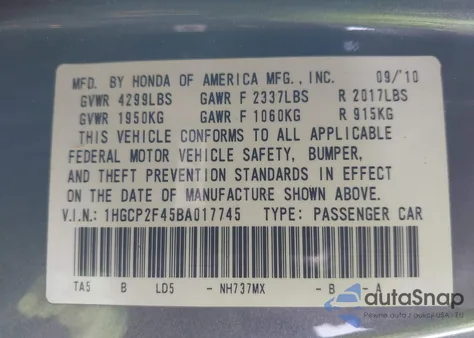 2011 Honda Accord 2.4 Lx-P z USA, uszkodzony, nr VIN 1HGCP2F45BA017745